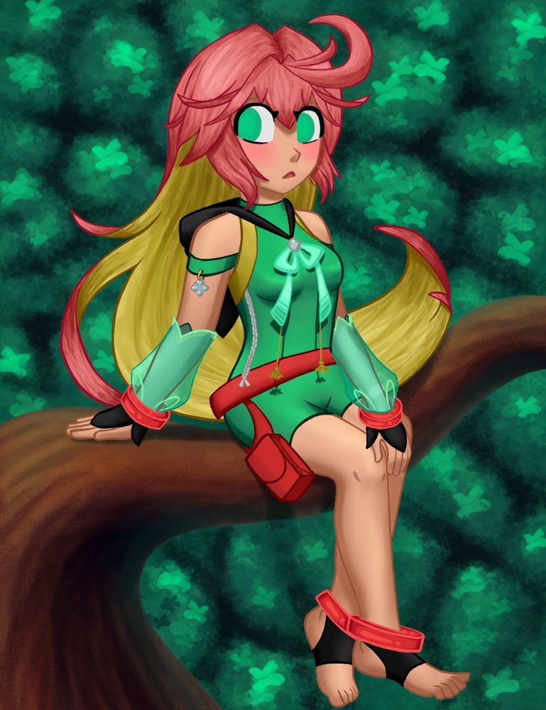 I am not the best at backgrounds, it looks like a wall, lol. I thought of the character being one that lives alone in nature so she has a backpack and belt.