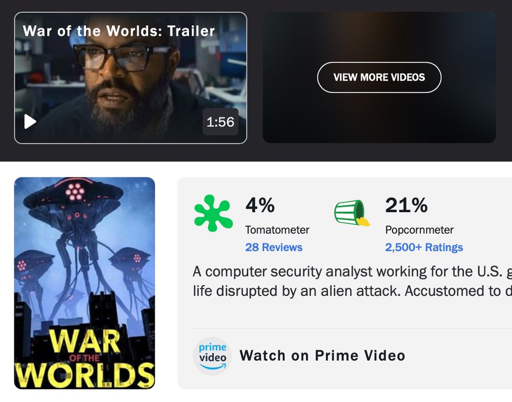 Image from Rotten Tomatoes showing the 2025 War of the Worlds rating as 4% (rotten)