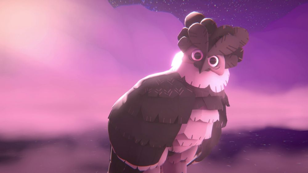 SOPA's harpy eagle looking over at the viewer from the twilight desert