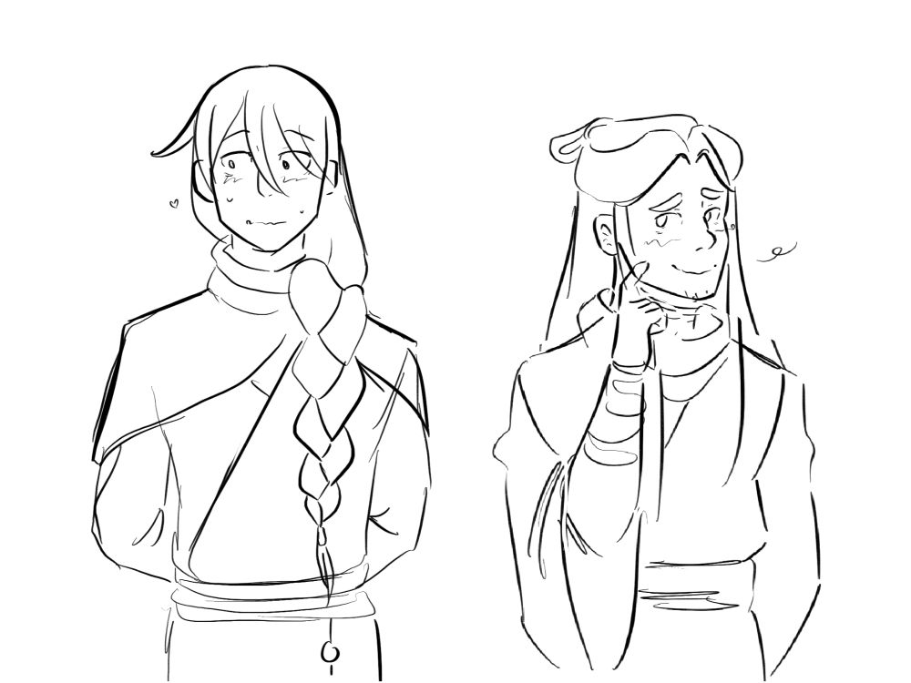 digital sketch of yin yu and xie lian standing next to each other, with some blush on their cheeks and nervous expressions