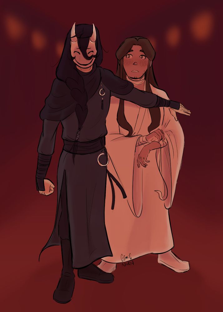 TGCF fanart, a digital illustration of Yin Yu extending an arm in front of Xie Lian as if protecting him from a mob in Ghost City.