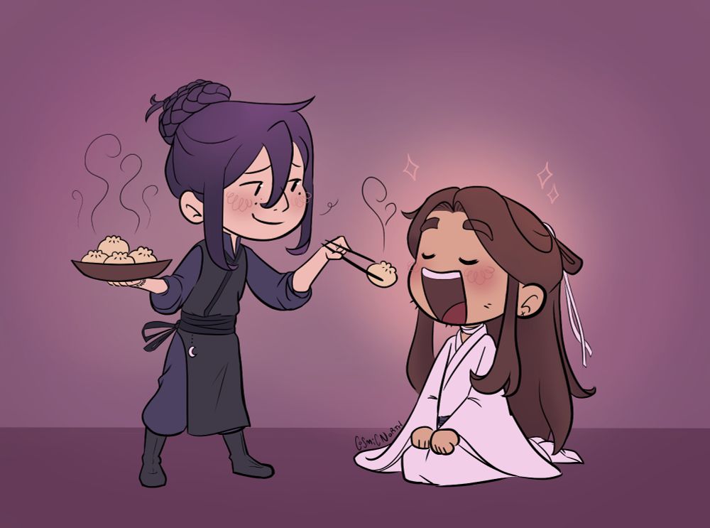 digital illustration of tgcf's yin yu feeding a steamed bun to xie lian, who is eagerly awaiting with his mouth wide open