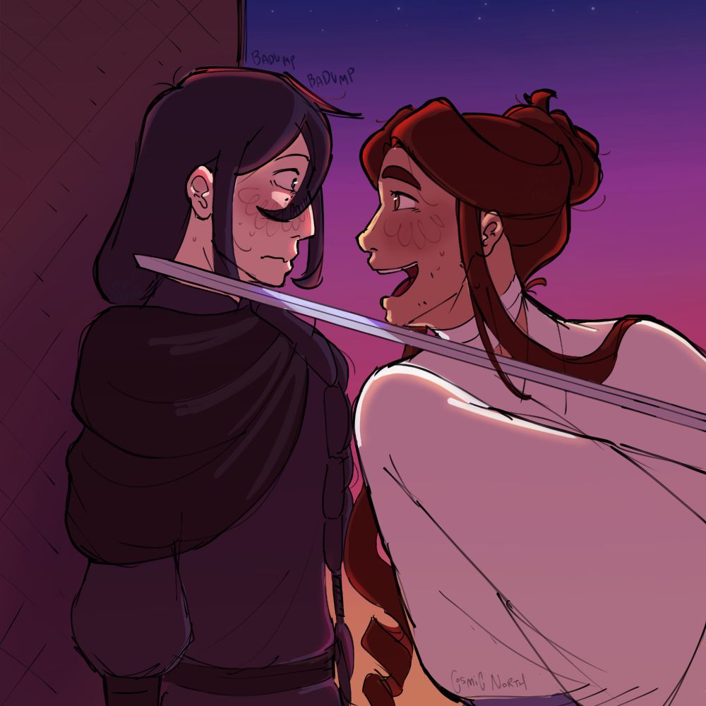 A digital illustration of Xie Lian close Yin Yu against a wall, a sword by Yin Yu's neck. They are both blushing and there is a sunset in the background.