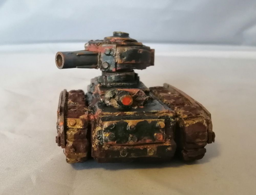 A scrapmetal tank in black. Front view.