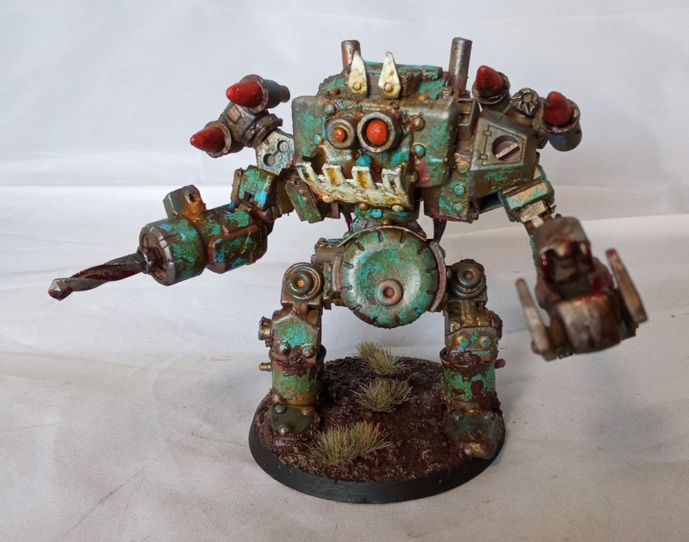 A scratchbuilt Ork Deff Dread in blue.
