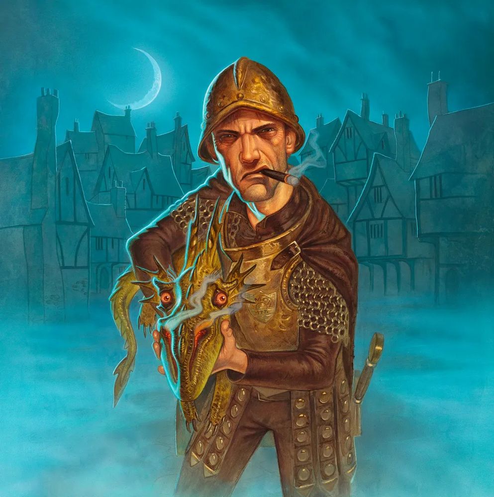 Captain Sam Vimes, holding a dragon like a weapon.