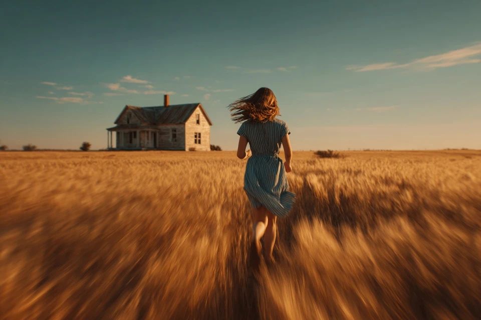 A dynamic tracking shot of a young woman sprinting through a golden wheat field, motion blur sweeping past, an old farmhouse ahead, orange sky glowing behind her, wind in her hair, urgency and freedom in every stride. --ar 3:2 --v 7