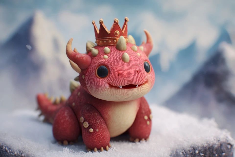 Playful baby dragon in claymation style, wearing handmade red and gold crown. Chubby features, fingerprint textures, joyful expression. Set against a cloudy mountain background, radiating warmth and handcrafted charm. --ar 3:2 --v 7