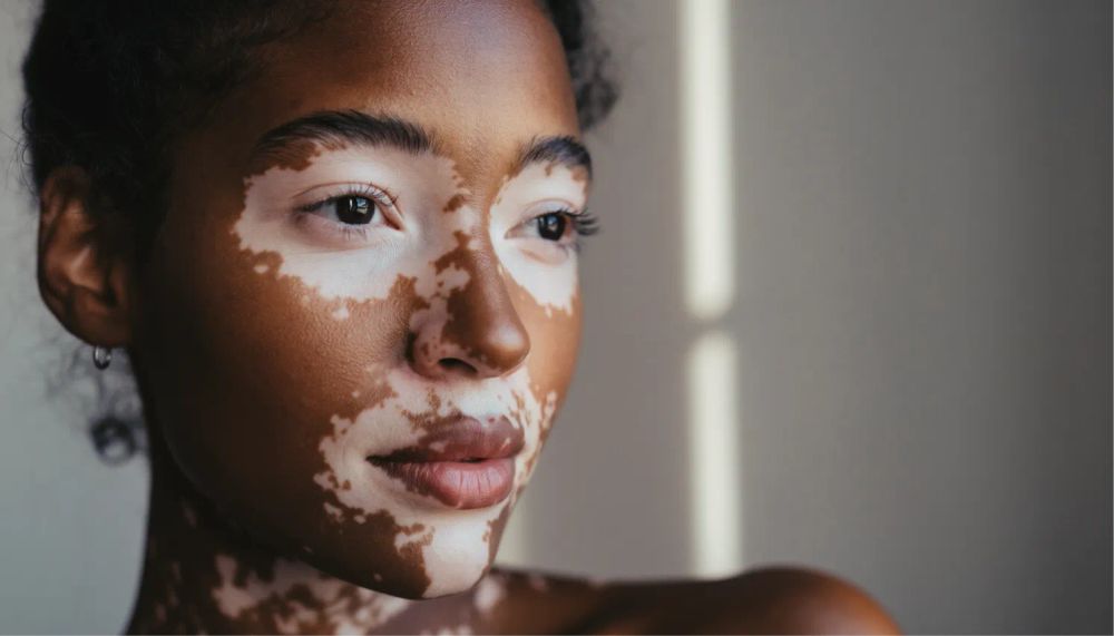 young man with severe acne scarring | lit from the side to highlight texture | dark blue background fading into black | expression vulnerable but defiant | tone of “Requiem for a Dream” | cool shadows, warm highlights, high contrast | Sony A1 with 135mm f/1.8 GM | shallow depth of field, emphasis on pores, scars, and humanity