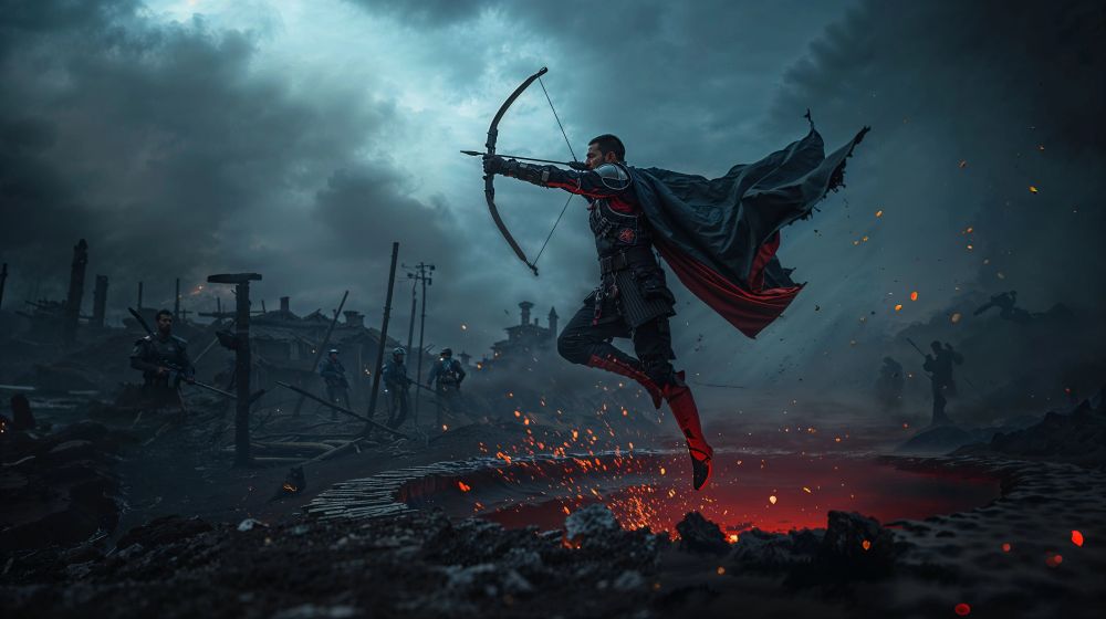 A battle-hardened archer launching high from a hidden hole in the middle of a ruined battlefield, arrow drawn in slow motion, cloak snapping in the wind | gritty armor reflecting soft blue light, embers and dust suspended mid-air | thunderclouds roll above as lightning silhouettes the moment | ultra-wide angle with shallow depth of field, dramatic contrast and chiaroscuro lighting | color tones of gunmetal, charcoal, and ember red | shot like a hyper-stylized war epic with speed-ramping slow motion