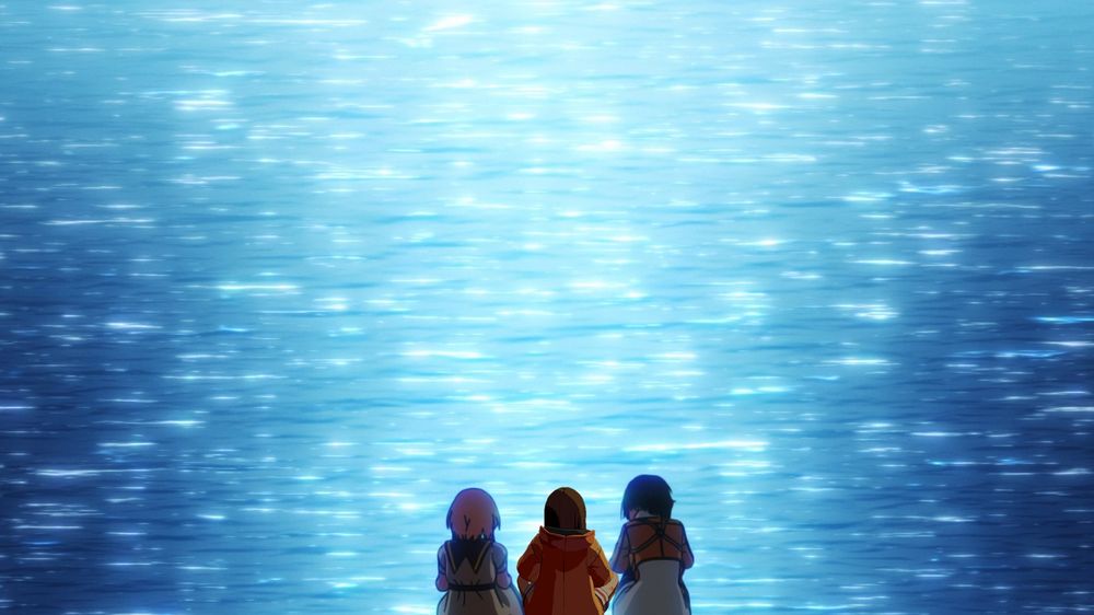 Bridget, May, and Unika sitting in front of an ocean. The moonlight is hitting the water. This is a REAL image from Guilty Gear Strive Dual Rulers. ;-;