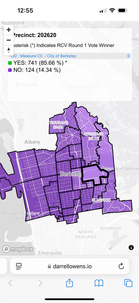Map of Berkeley’s voting patterns for Measure CC. D7 has the highest “Yes” vote, but every precinct in the City voted “No”