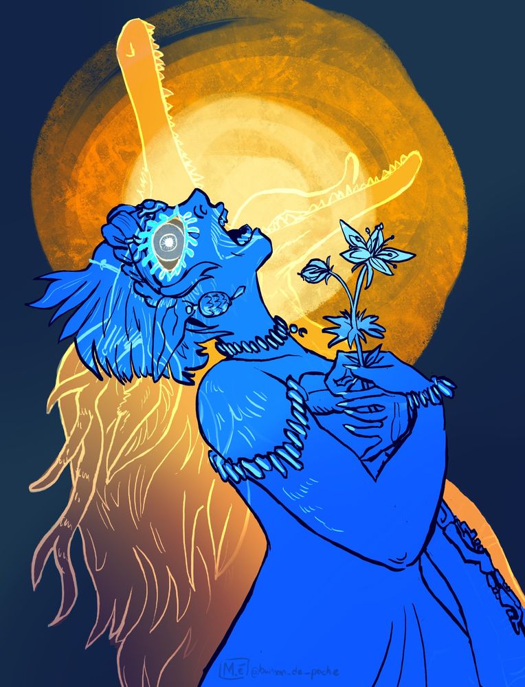 A fanart of the character Princess Zelda from Tears of the Kingdom. She screams as she's holding a Silent princess flower. Beneath her blueish silhouette is her dragon form screaming like her too. Both forms share the same eye.