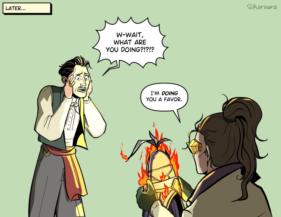 Dragon Age fanart comic with younger Emmrich Volkarin and Johanna Hezenkoss. A text box says "Later..." 
Emmrich's hands are on his face and he looks on in absolute shock, as he shouts, "W-wait, what are you doing?!?!?" 
Johanna holds the mage hat from Dragon Age: Origins in her hands, now burst into flames. All she says is, "I'm doing you a favor."