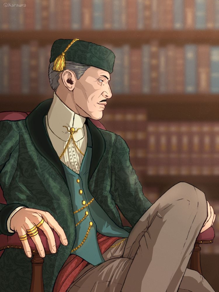fan art of emmrich volkarin wearing a green smoking jacket and smoking cap sitting in a chair