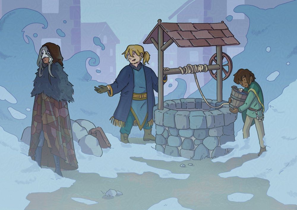 A digital and colored illustration of three person around a well in a medieval/fantasy setting. On the left of the image, a teenager in green is getting the bucket of water out of the well, while a blond man on the other side of the well is talking to the third person. The third person is turning their back to them and wears a long cape and a mask that only leaves their mouth visible. They are surrounded by a heavy fog that leaves the buildings behind them barely visible.