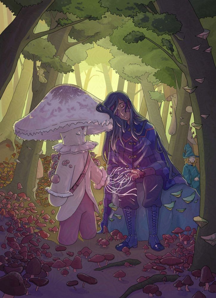 A digital colored drawing with a person sitting on a stone, resting their head on a mushroom-like being. They're connected by their hands by glowing threads.
Beside them, a forest and a ground full of mushrooms.