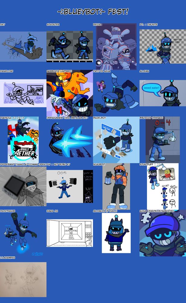 collage of art of me (blueybot) made for a me fest in the rivals of aether extended workshop discord