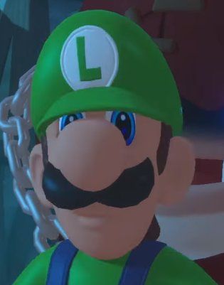 image of luigi in mario + rabbids kingdom battle. his cap is stretched and covering his eyebrows