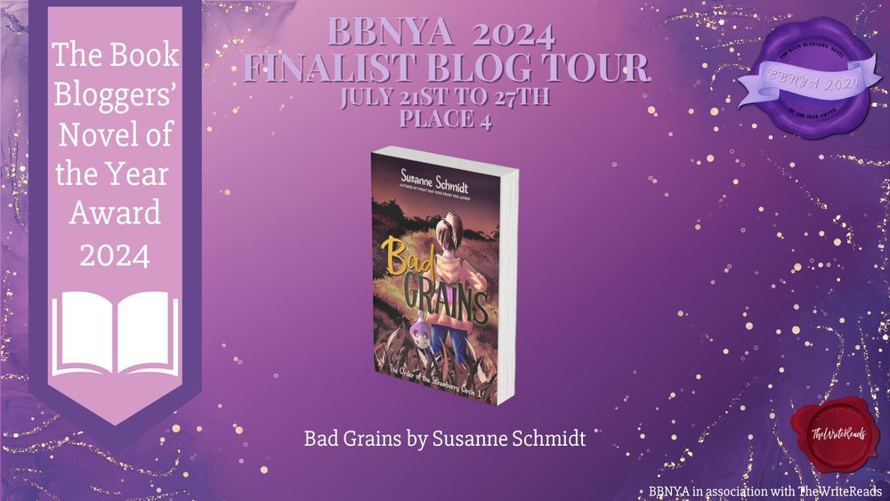 Purple Banner for BBNYA Finalist Blog Tour featuring Bad Grains by Susanne Schmidt with on the left a flag thingie saying: The Book Bloggers' Novel of the Year Award 2024 and in the middle of the banner there is the cover
