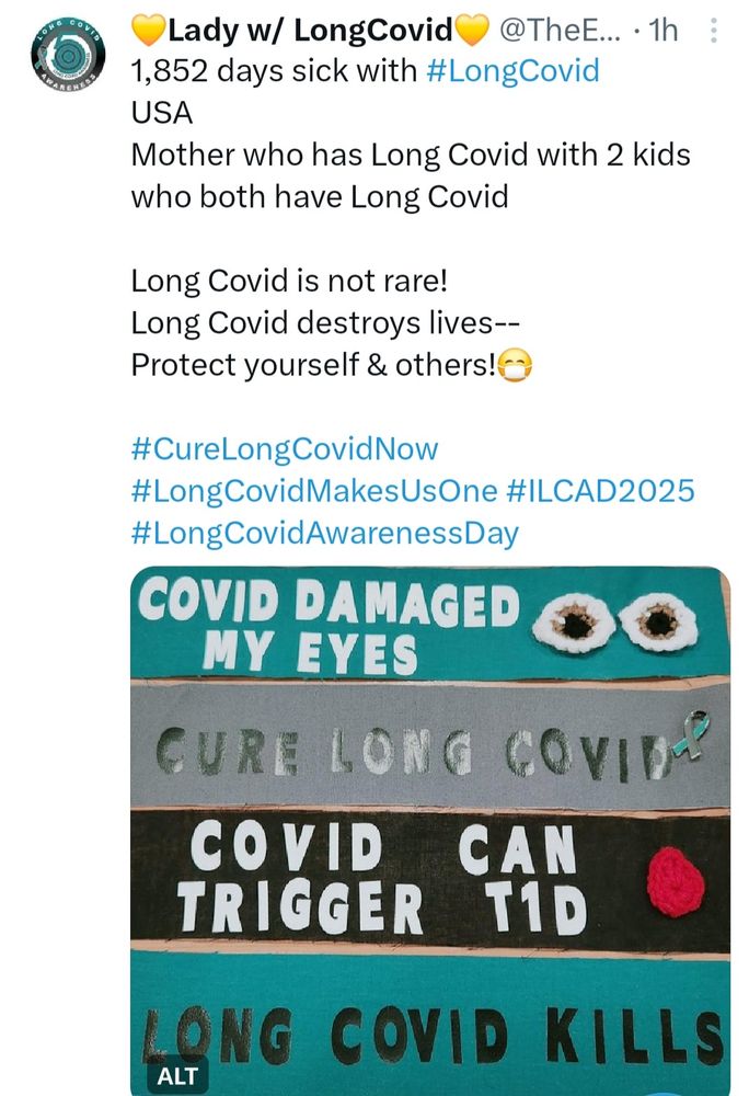 Screenshot of x account post:
Pieces of teal, gray, and black fabric
Print on fabric pieces read:
COVID DAMAGED MY EYES
CURE LONG COVID
COVID CAN TRIGGER T1D
LONG COVID KILLS


