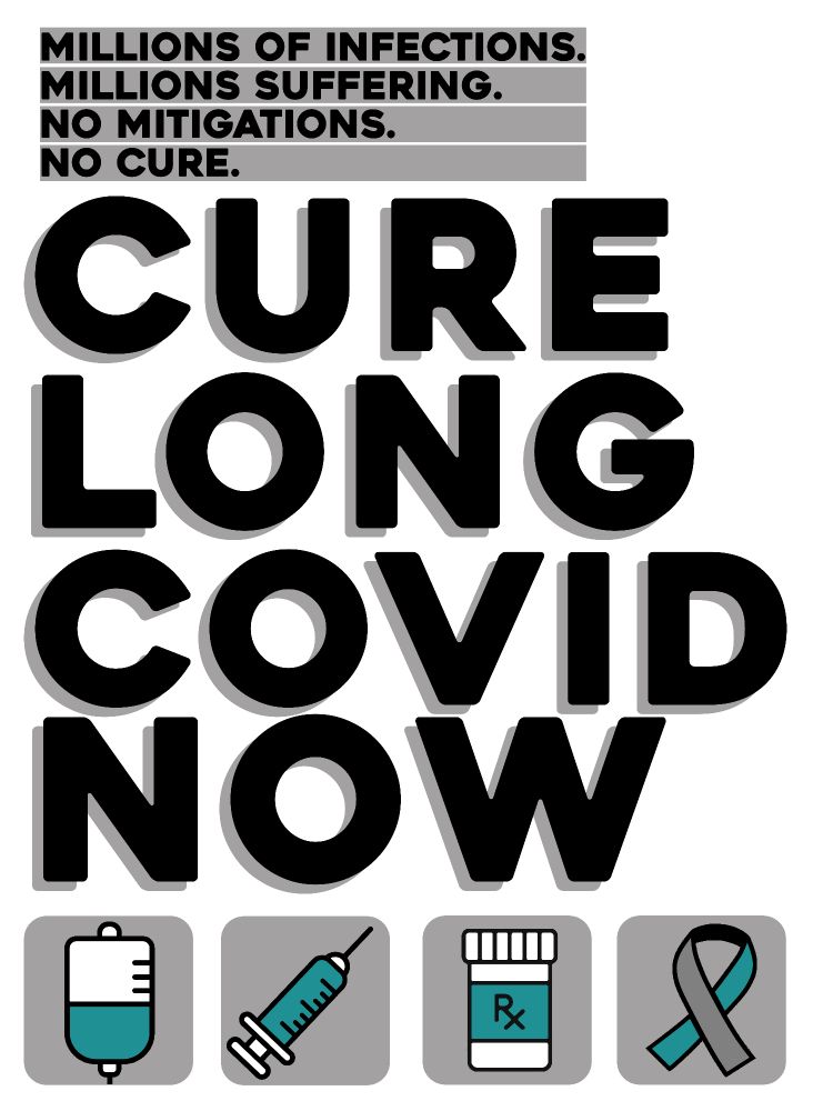 
International Long Covid Awareness poster 
Colors: Teal, black, gray
Font reads:
Millions suffering. 
Infections & reinfections.
No mitigations.
No cure.
CURE LONG COVID NOW

4 icons of medications & International Long Covid Awareness ribbon
