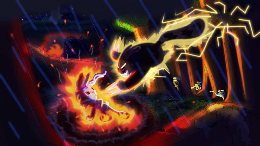 Sentret with electrical power leaping towards a Scorbunny with fire around them while in a forest that is being set on fire and destroyed in the rain