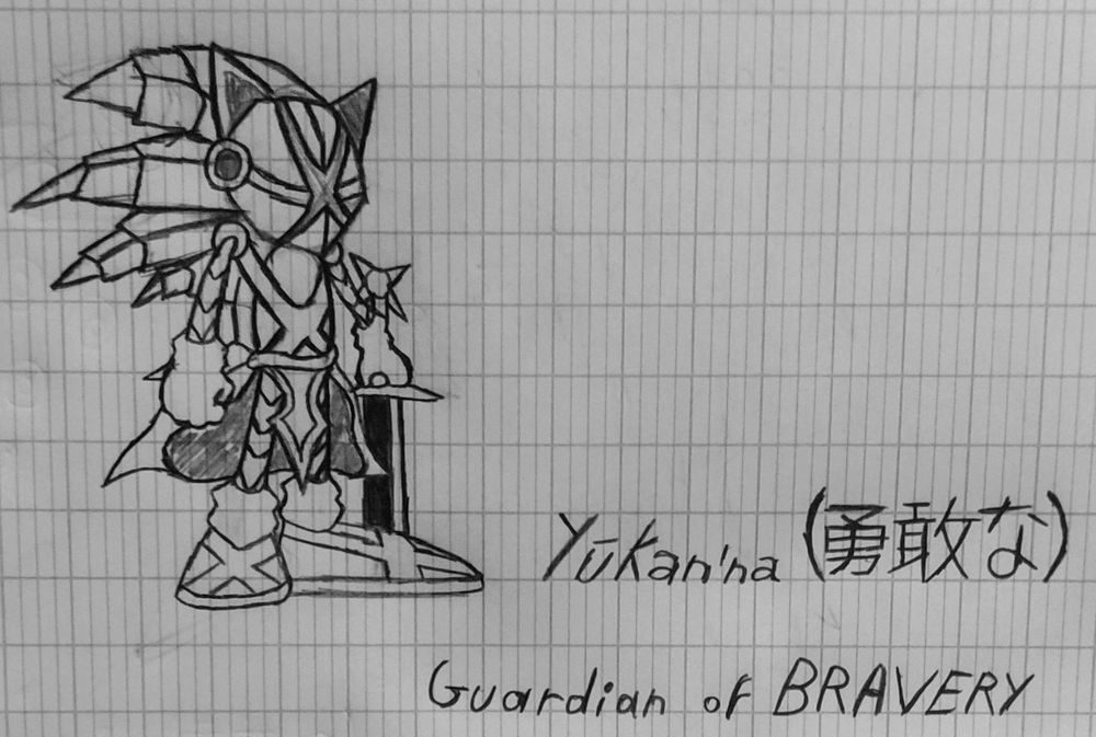 We can see a Knight Hedgehog with written "Yūkan'a (勇敢な)" with also "Guardian of BRAVERY" below.