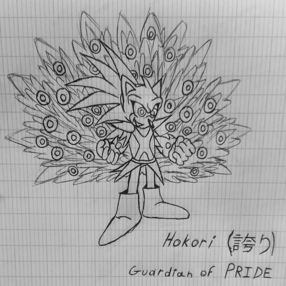 We can see a Hedgehog with an Armor and Peacock wings, it's written "Hokori (誇り)" with "Guardian of PRIDE" Written below.