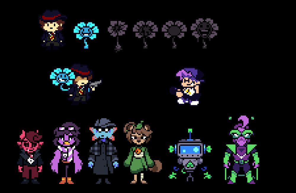 A bunch of fanmade overworld sprites for UT:Y d-sides

Dalv - A sociable demon, deathly afraid of humans. He bakes cornbread now
Martlet - A punkish bird who was rejected from the guard, now spends her time collecting junk and tinkering with it
Starlo - Reluctant detective, just wants to roleplay as a pirate with his friends (would now be called Sea Star when roleplaying)
Ceroba - A silent tanuki woman who seemingly watches your every move, and in some cases steps in to (seemingly) protect you
Axis - Created to protect those they deem in danger, including Clover if a tall tanuki lady were to be lurking around.
El Bailador - The music themed comic-book super hero, he's just a comic nerd with a passion for sick beats, he's now known as "Fortissimo"