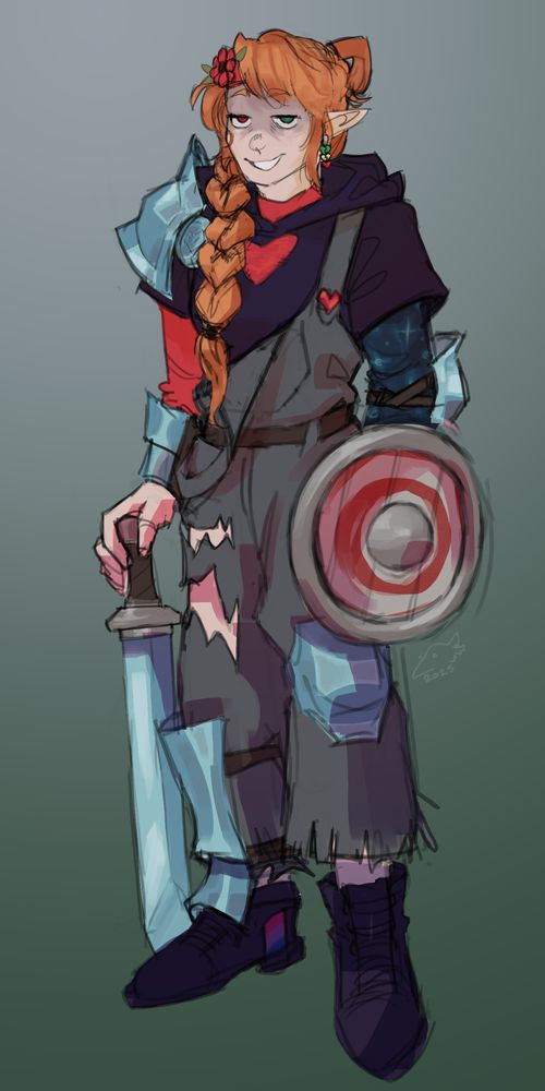 A digital painting GeminiTay's red life avatar for the wild life SMP. She wears sparse diamond armor, only a pauldron and various shin, knee, and arm guards. She holds a small buckler that is painted to look like a target. Her hand rests on a diamond short sword, inspired by the hero's sword in Wind Waker.