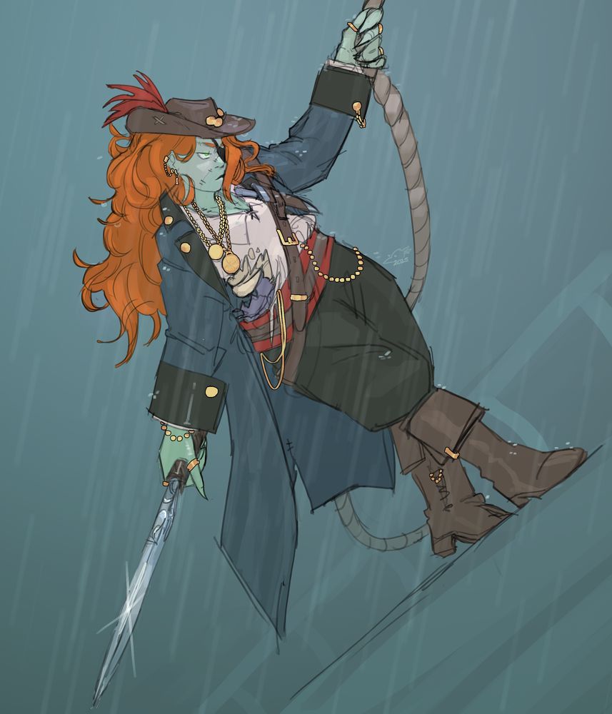 A digital painting of Zombie Cleo's character as a pirate captain. They wear a long coat and a lot of decorative layers underneath. They're walking along the side of their ship, holding a rope to keep them upright. They have a serious expression on their face, with sword drawn.