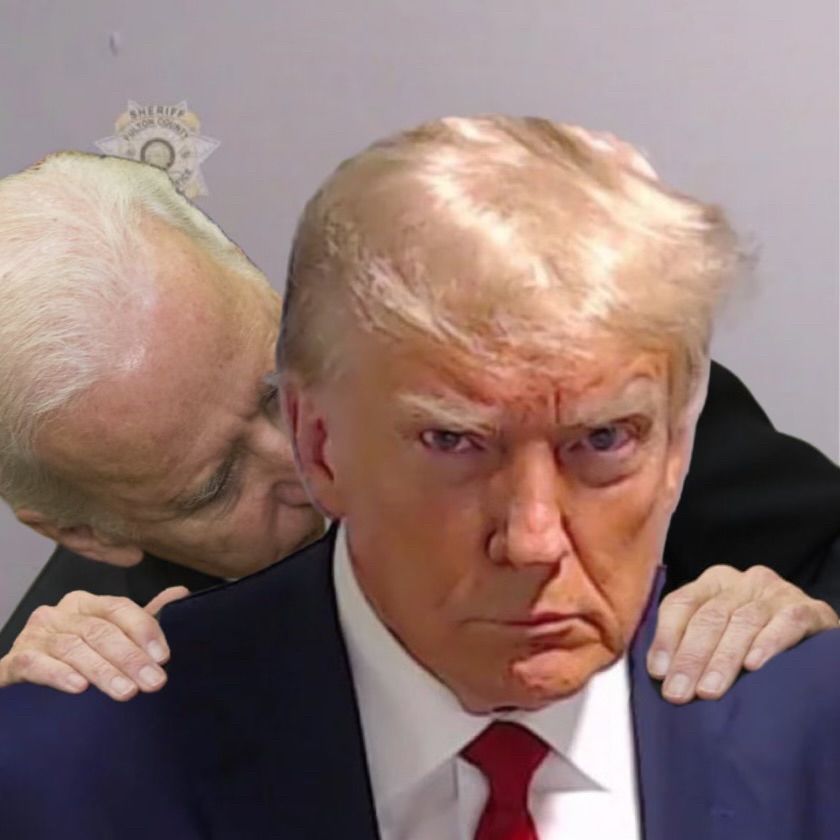 Trump being booked and also draped from behind by a sniffing Biden. End my suffering.