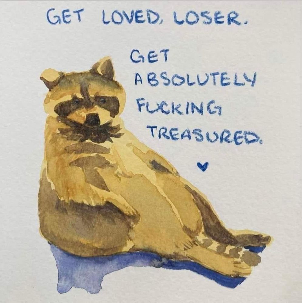 A seated, self-satisfied watercolor raccoon. It says “get loved, loser. Get absolutely fucking treasured.”