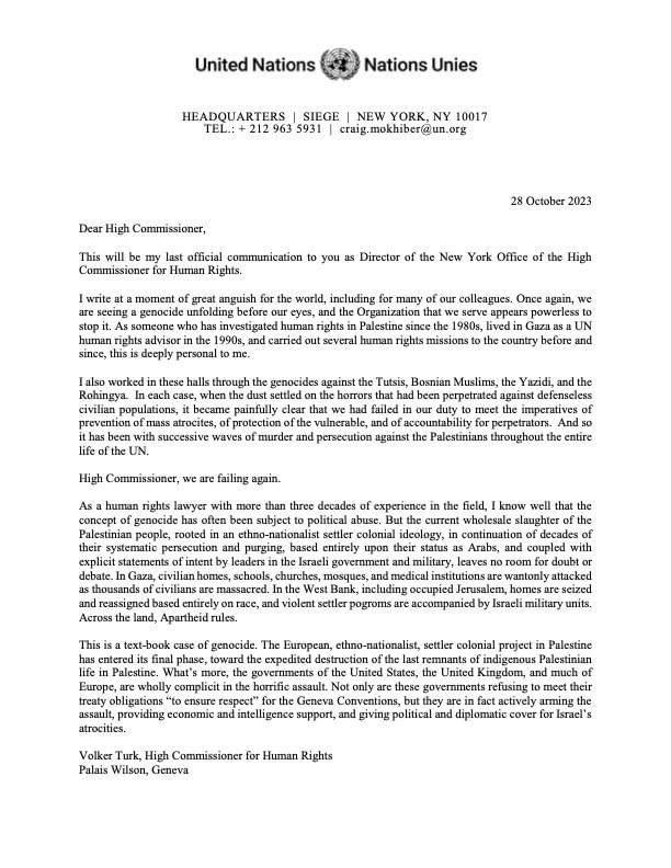 Page one of Craig Mokhiber’s resignation.