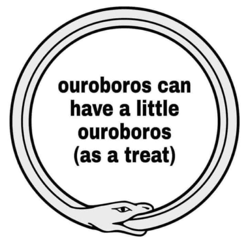 A simple illustration of a snake eating its own tail. It says: “ouroboros can have a little ouroboros (as a treat).”