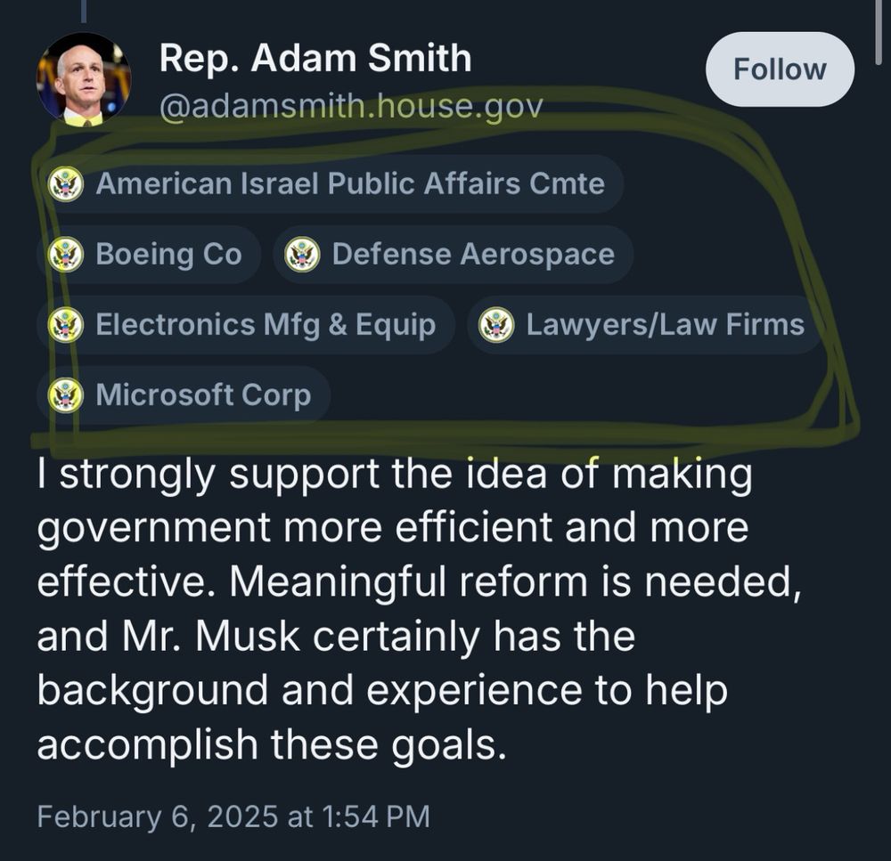 Rep Adam smith’s profile, showing he’s funded by Microsoft, AIPAC, Boeing, & defense companies 