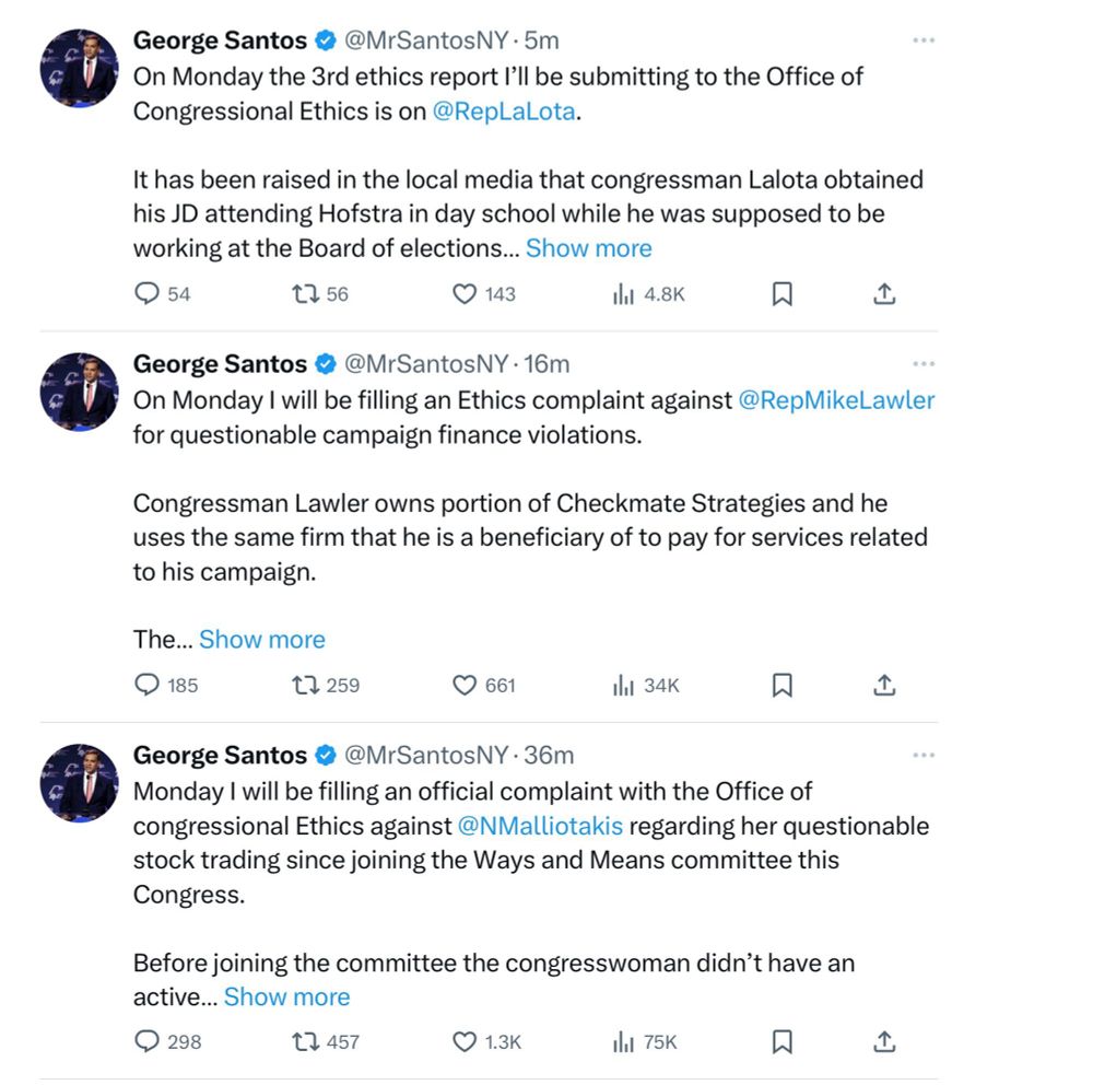 Tweets in which George Santos is promising to file ethics reports on LaLota, Lawler, and Malliotakis.