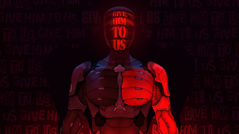 A super sick render of a robot humanoid (Chassie.) All grey, with only the left arm being colored red. A glitchy screen reads 'Give Him To Me.'