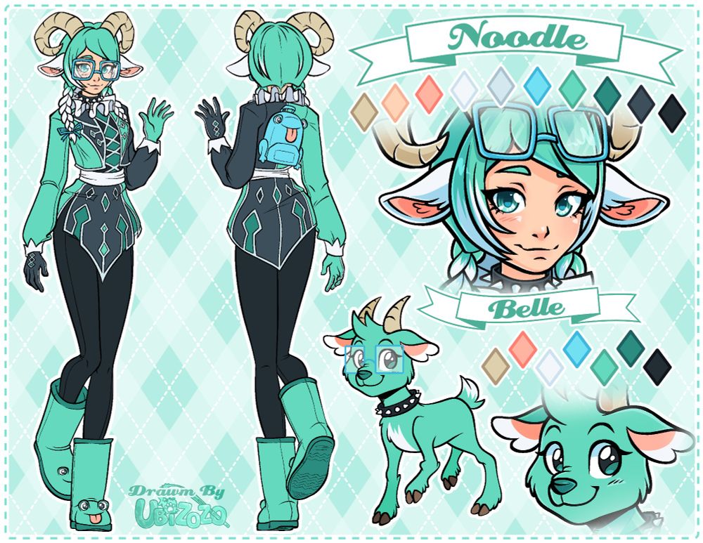 A teal goat lady reference sheet. 