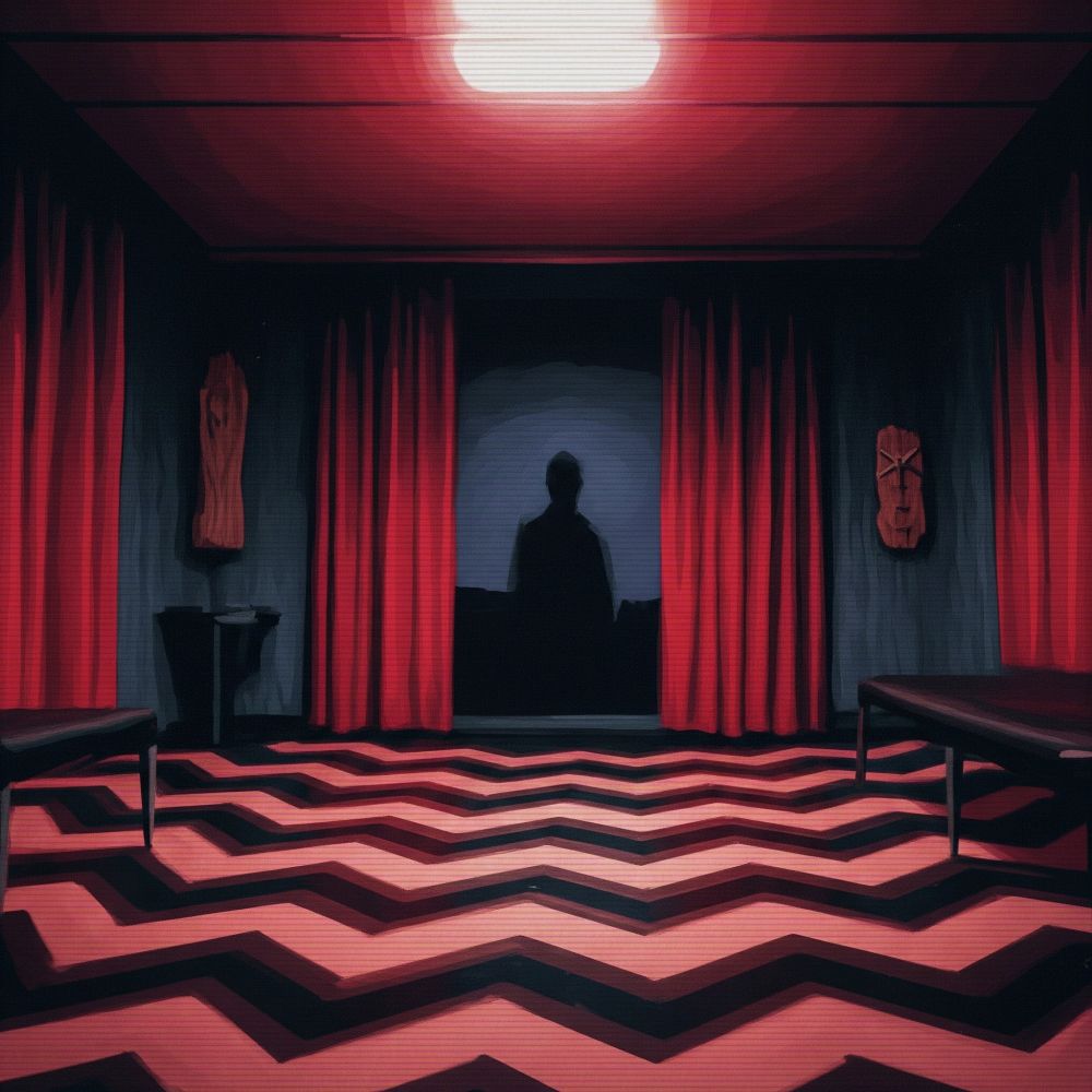 AI-generated digital painting in the style of David Lynch, featuring the iconic red curtains and zig-zag floor of the Twin Peaks Red Room, rendered with a surreal and moody atmosphere. ai-generated.