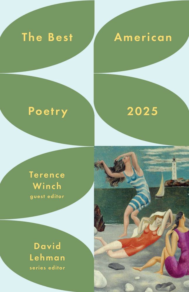 Cover image for Best American Poetry 2025. In right corner beachgoers in historical swimsuits with lighthouse and sailboat in the background. 