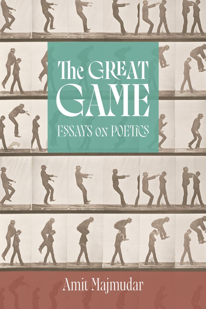 Cover image for Amit Majmudar's THE GREAT GAME. Silhouettes of men playing leap frog. 