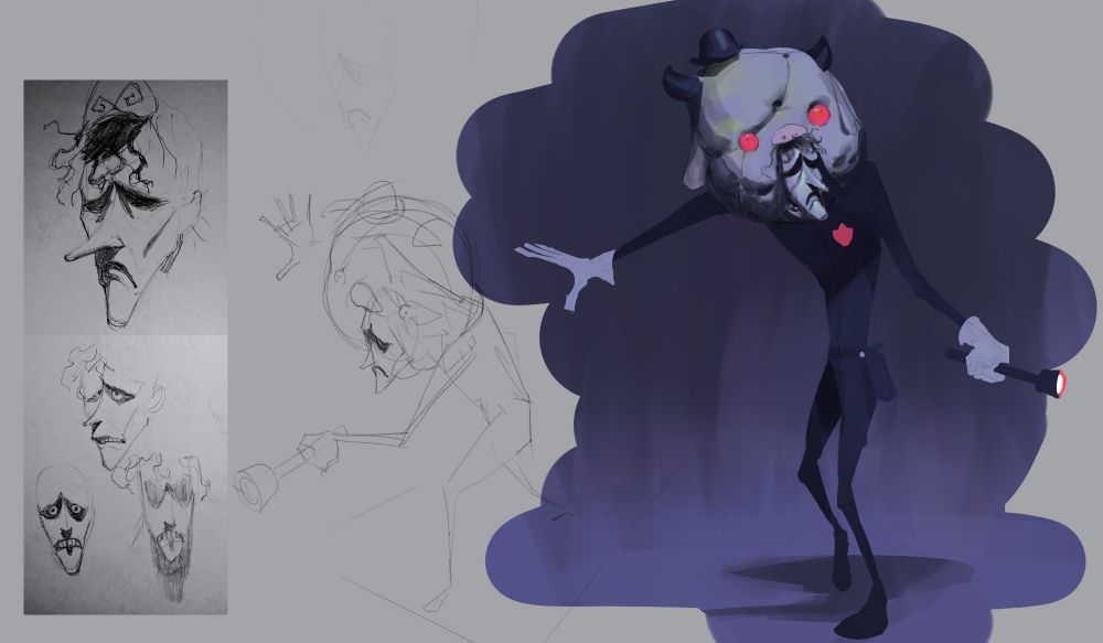 Left: Sketches of a gaunt man’s face in various expressions. Right: A tall gaunt figure in a security uniform wearing a plush piggy hat