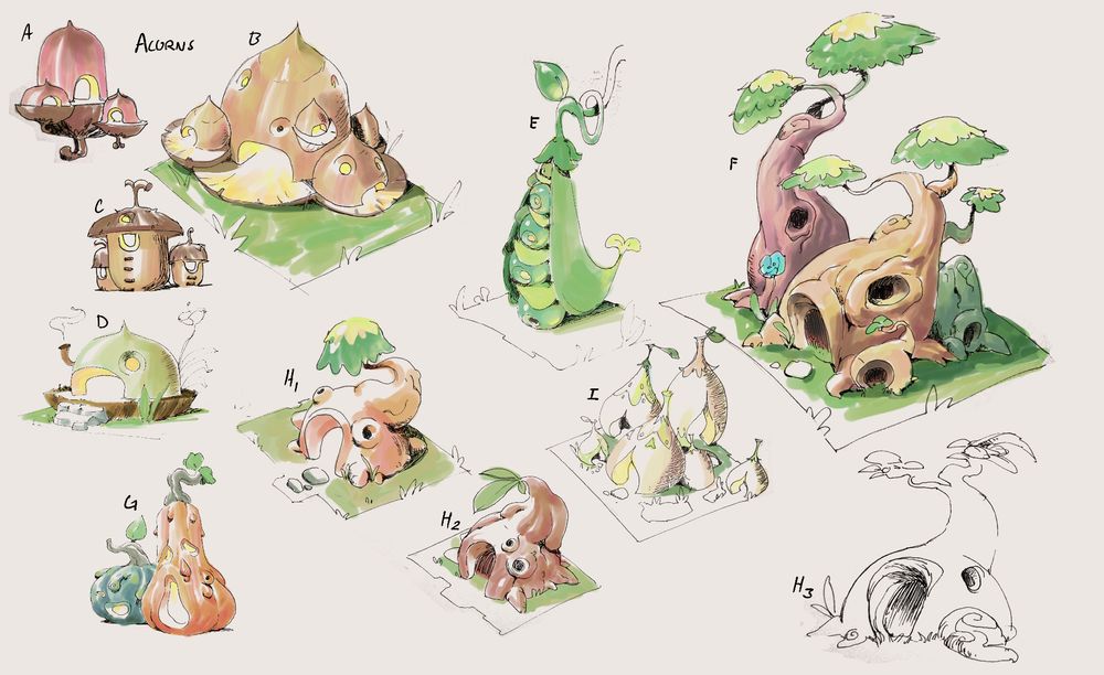 Various houses built out of woodland materials. Clockwise from top left: 3 sets of houses carved out of acorns; a green house carved into a pea pod; 3 trees, trained into the shape of homes; an uncolored tree house sketch; more tree houses; a pair of gourds with spooky little faces, probably not actually a house