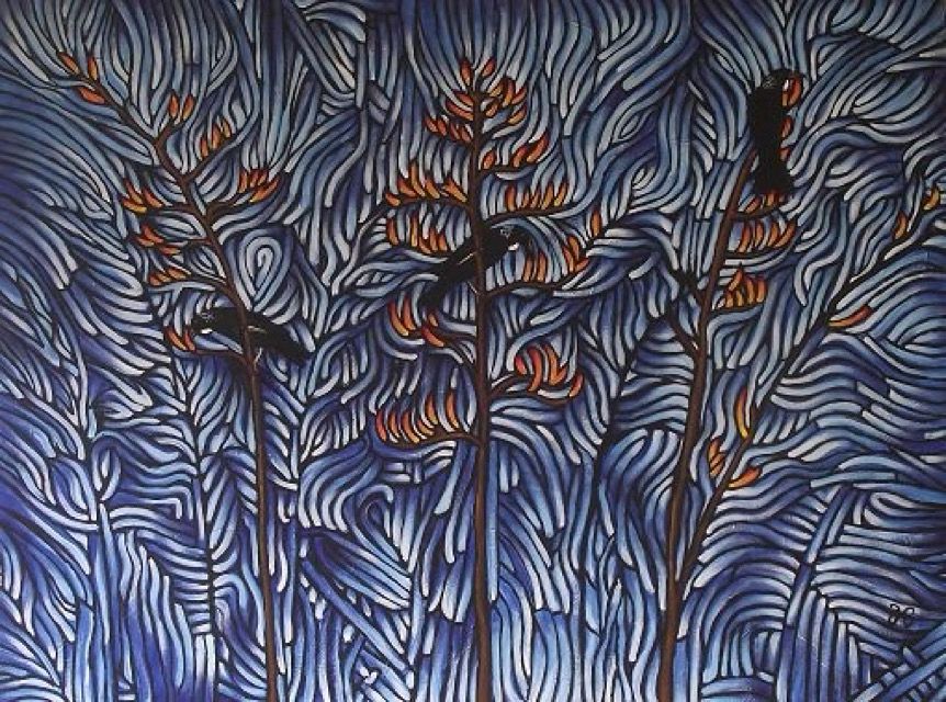 Harekeke flower spikes with tui. 
Original painting. 