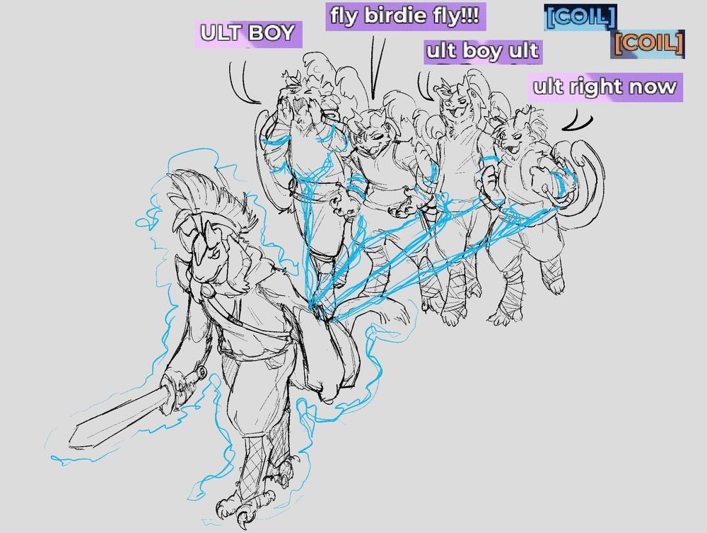 The Coils say a variant of "Ult boy" while Gravity tethering a grumpy Sword