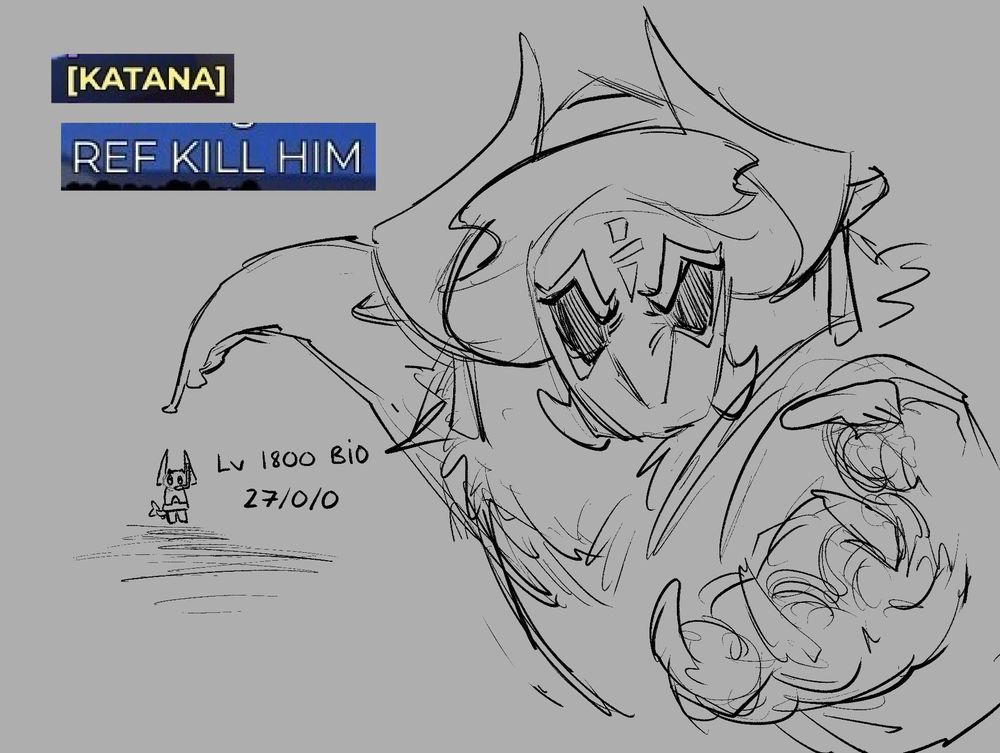 A Cybertana is angrily pointing at a distant Floatiegraft, saying "Ref kill him"

The text next to the Floatiegraft says Lv. 1800 bio, 27/0/0