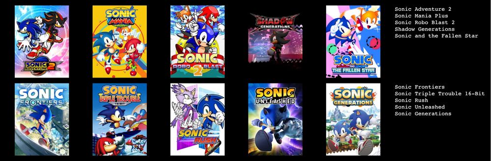 Sonic Adventure 2, Sonic Mania Plus, Sonic Robo Blast 2, Shadow Generations, Sonic and the Fallen Star, Sonic Frontiers, Sonic Triple Trouble 16-bit, Sonic Rush, Sonic Unleashed, Sonic Generarations