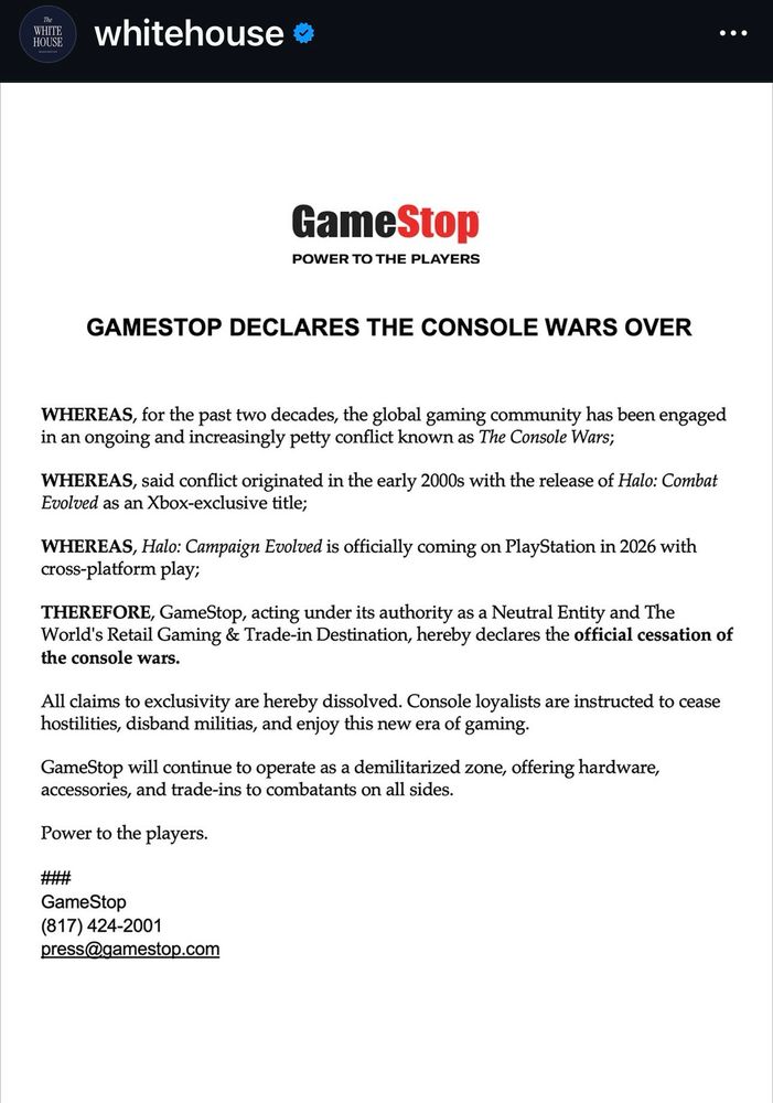 Statement from GameStop about their marketing campaign partnership with the White House.